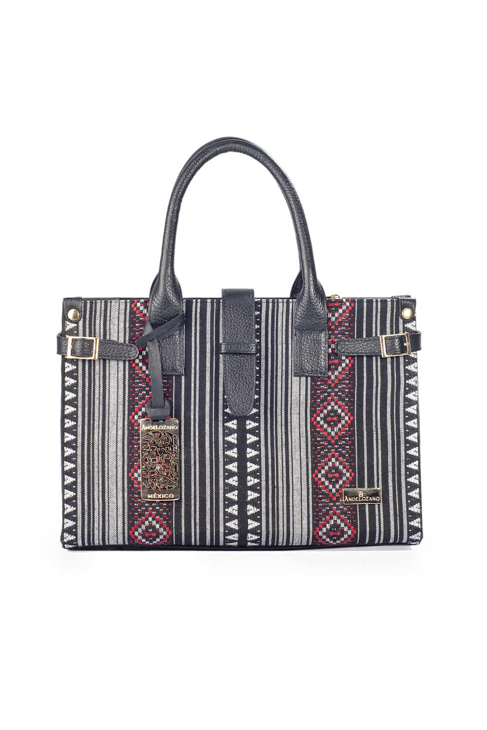 Bolso de mujer A ÁNGELOZANO tipo satchel de piel vacuna con telar artesanal color negro, Modelo Samantha