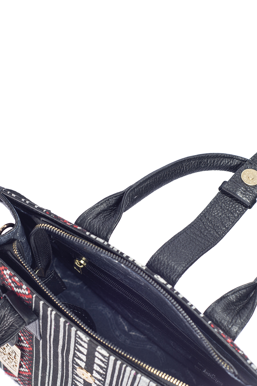 Bolso de mujer A ÁNGELOZANO tipo satchel de piel vacuna con telar artesanal color negro, Modelo Samantha