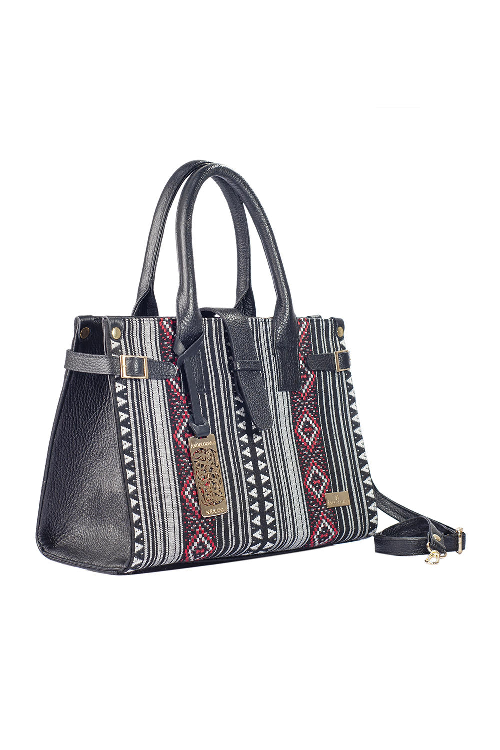 Bolso de mujer A ÁNGELOZANO tipo satchel de piel vacuna con telar artesanal color negro, Modelo Samantha