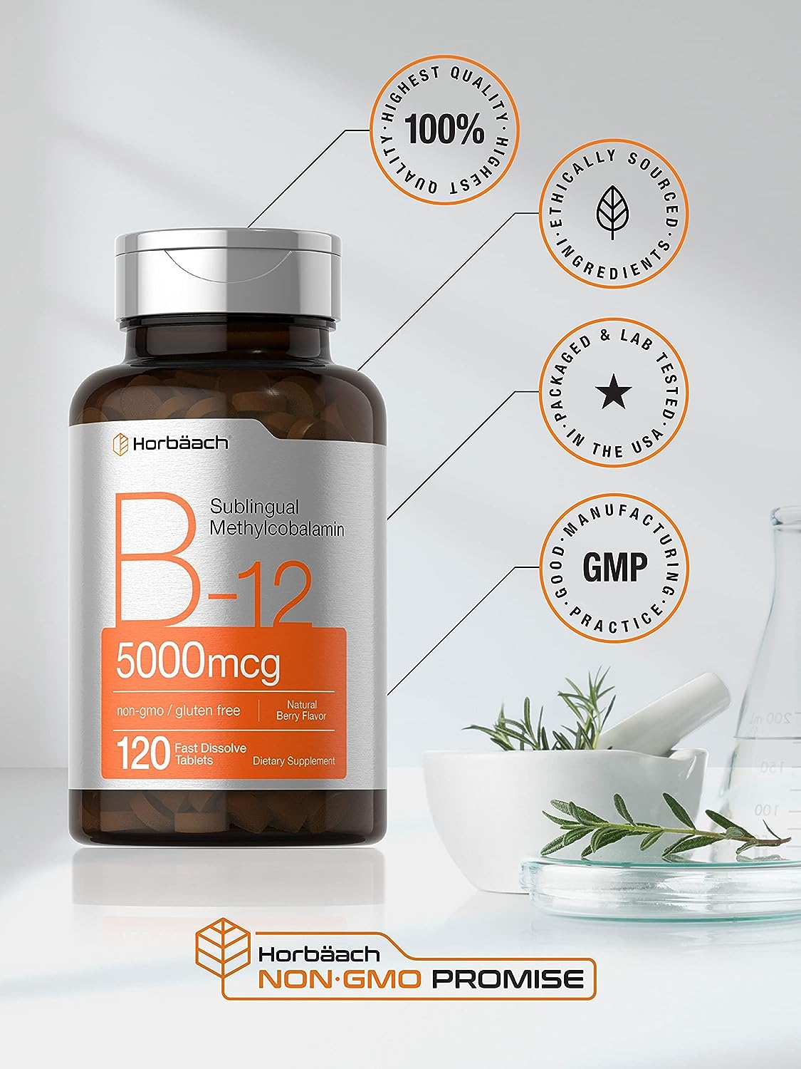 Vitamina B12 Sublingual 5000mcg Horbaach (120 Tabletas) Hecho En Usa