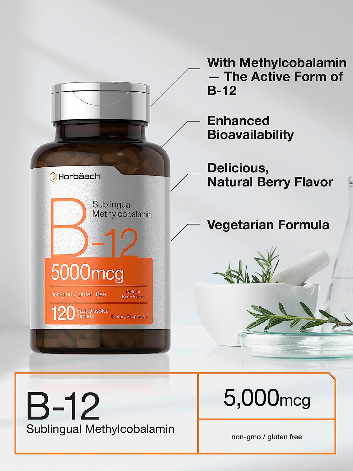 Vitamina B12 Sublingual 5000mcg Horbaach (120 Tabletas) Hecho En Usa