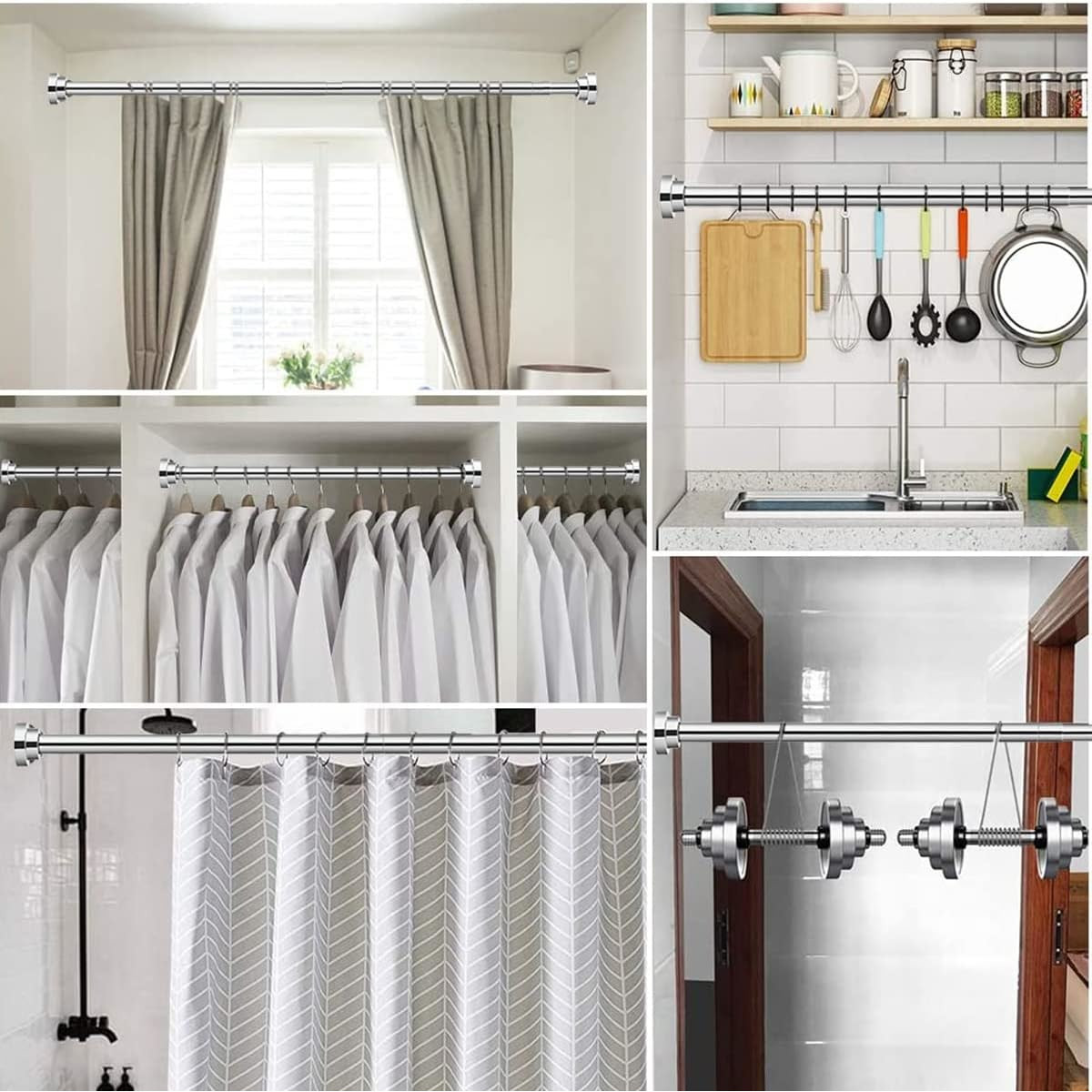 Tubo para Cortina de Baño Ajustable y Antideslizante de Acero Inoxidable, Sin Perforaciones, 100 a 170 cm, Ideal Armarios y Baños