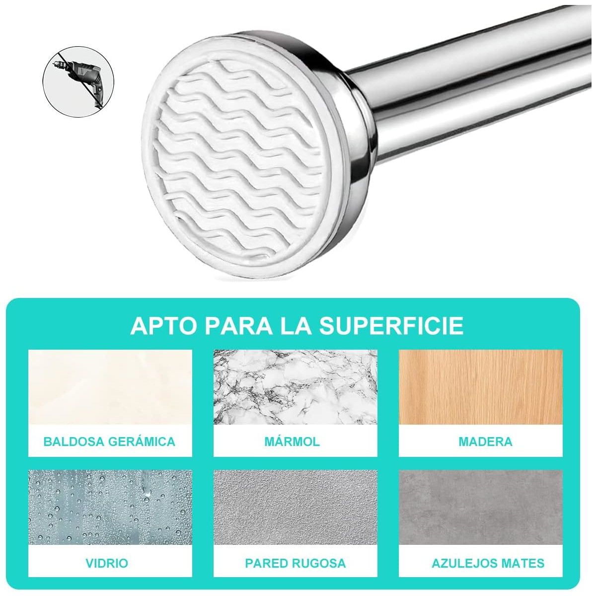 Tubo para Cortina de Baño Ajustable y Antideslizante de Acero Inoxidable, Sin Perforaciones, 100 a 170 cm, Ideal Armarios y Baños