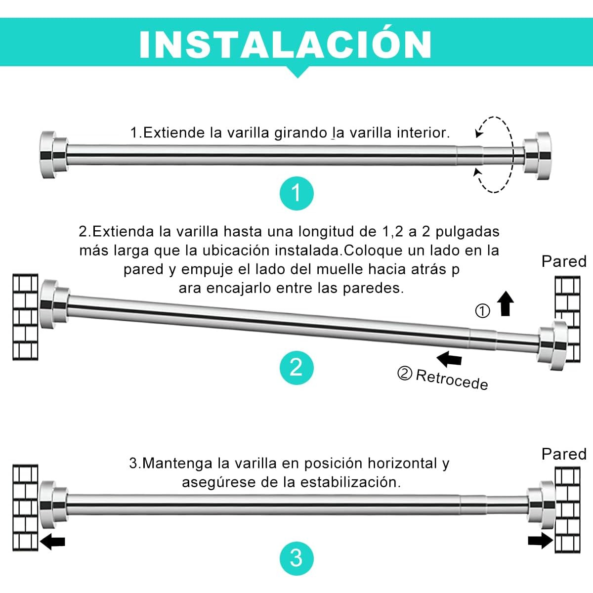 Tubo para Cortina de Baño Ajustable y Antideslizante de Acero Inoxidable, Sin Perforaciones, 100 a 170 cm, Ideal Armarios y Baños