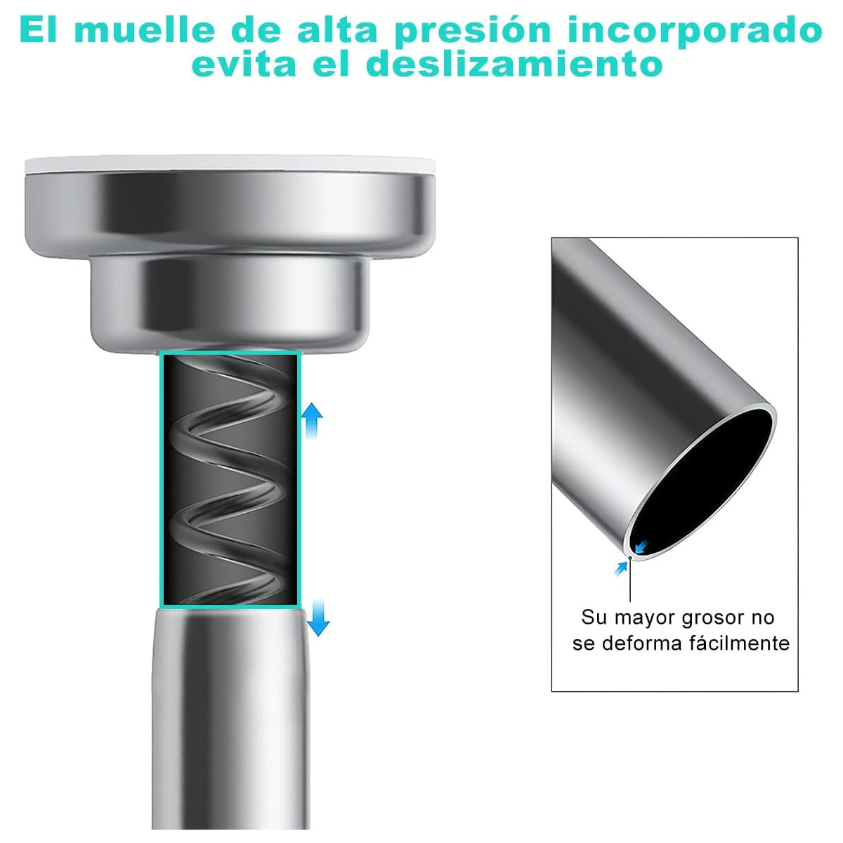 Tubo para Cortina de Baño Ajustable y Antideslizante de Acero Inoxidable, Sin Perforaciones, 100 a 170 cm, Ideal Armarios y Baños