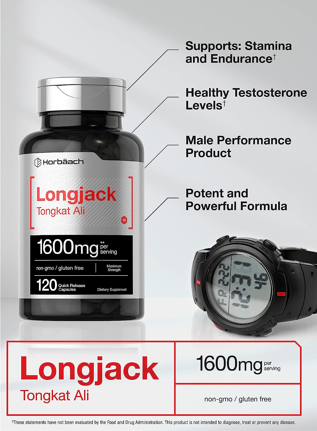 Suplemento Longjack Tongkat Ali 1600mg (120 Caps.) Hecho Usa