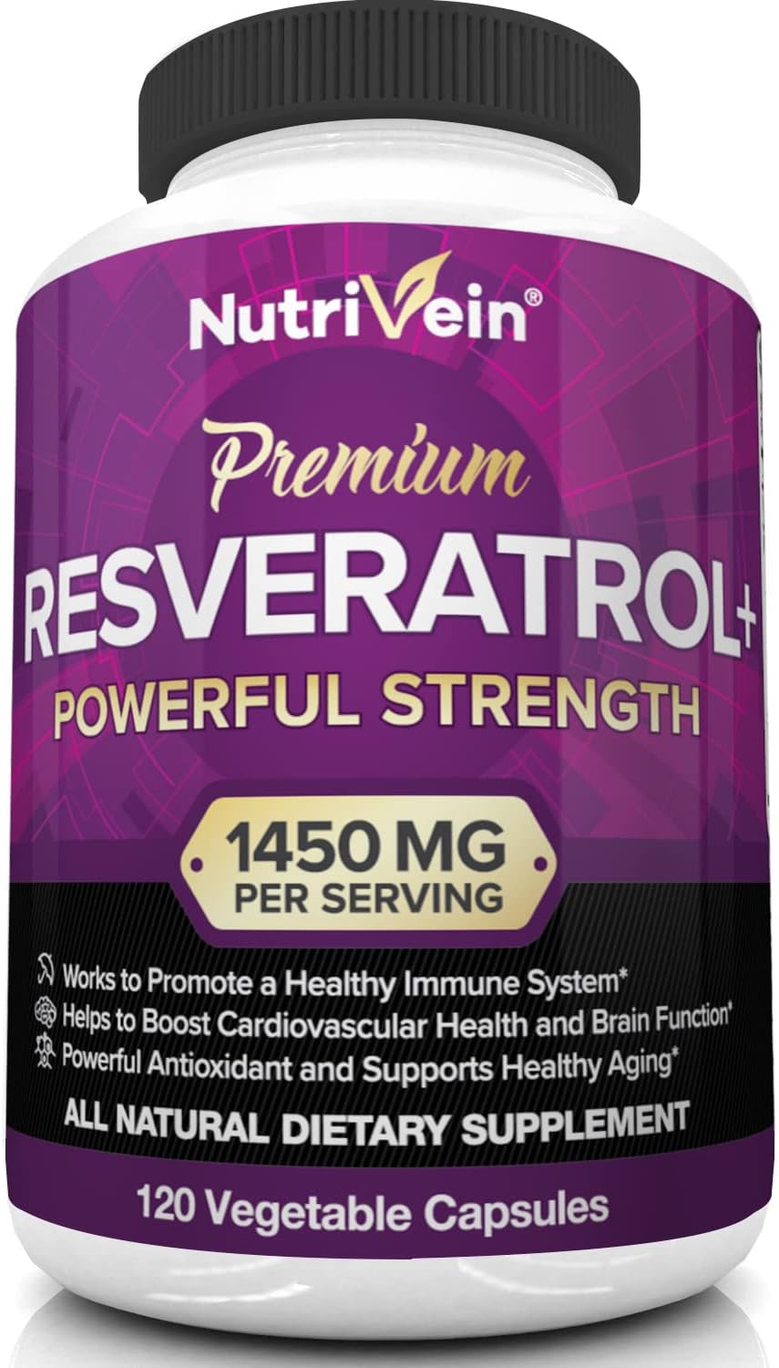 Nutrivein Resveratrol 1450 mg - Suplemento antioxidante 120 cápsulas - Apoya el envejecimiento saludable y promueve la inmunidad, el impulso cerebral y el apoyo articular - Fabricado con trans-resveratrol, hoja de té verde, bayas de acai