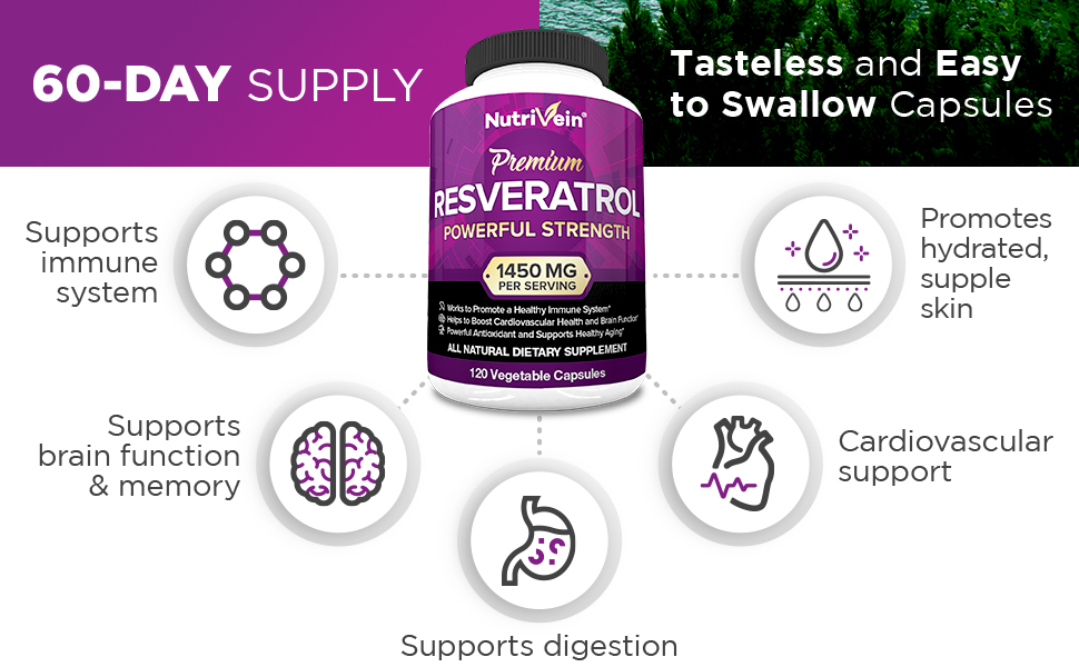 Nutrivein Resveratrol 1450 mg - Suplemento antioxidante 120 cápsulas - Apoya el envejecimiento saludable y promueve la inmunidad, el impulso cerebral y el apoyo articular - Fabricado con trans-resveratrol, hoja de té verde, bayas de acai