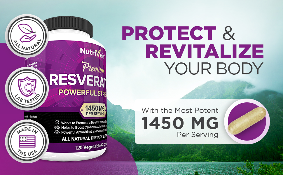 Nutrivein Resveratrol 1450 mg - Suplemento antioxidante 120 cápsulas - Apoya el envejecimiento saludable y promueve la inmunidad, el impulso cerebral y el apoyo articular - Fabricado con trans-resveratrol, hoja de té verde, bayas de acai