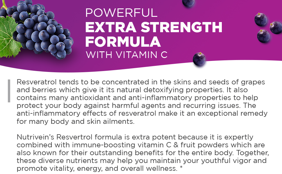 Nutrivein Resveratrol 1450 mg - Suplemento antioxidante 120 cápsulas - Apoya el envejecimiento saludable y promueve la inmunidad, el impulso cerebral y el apoyo articular - Fabricado con trans-resveratrol, hoja de té verde, bayas de acai