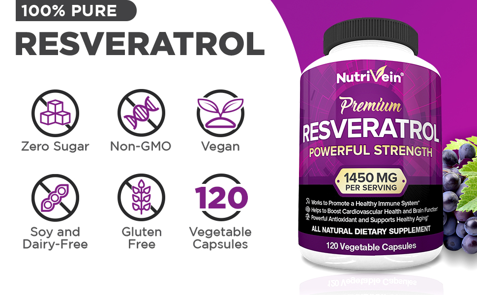 Nutrivein Resveratrol 1450 mg - Suplemento antioxidante 120 cápsulas - Apoya el envejecimiento saludable y promueve la inmunidad, el impulso cerebral y el apoyo articular - Fabricado con trans-resveratrol, hoja de té verde, bayas de acai