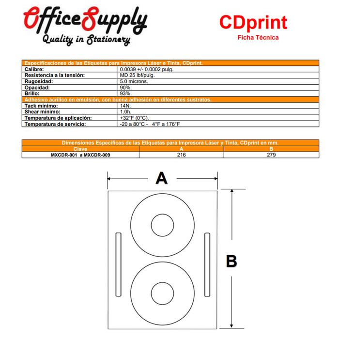 Etiquetas de Calidad para DVD y CD, MXCDR-006-3, 200 Hojas en 10 Paquetes, 2 Etiquetas por Hoja, 12mm, T/Carta, Blanco Mate,, CDprint