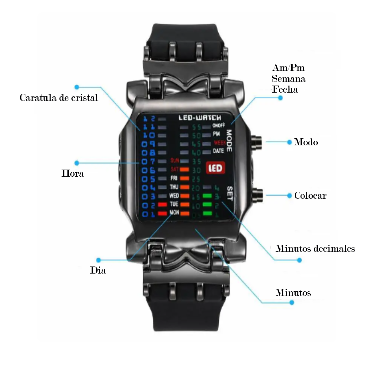 Reloj LED moda hombre mujer electrónico luminoso resistente al agua negro multifunción pulsera