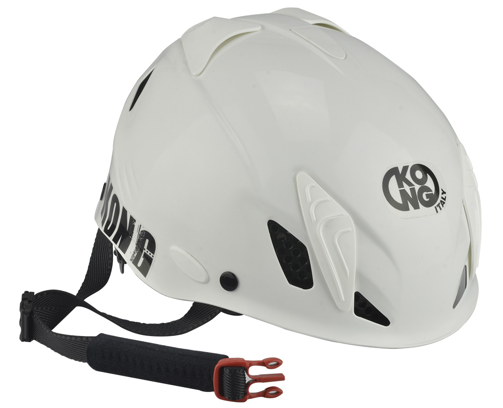 Casco para escalada Blanco "kong" Carcasa en ABS ultrarresistente, correa de poliéster con cierre de clic y regulación rápida de la talla con sistema de rueda