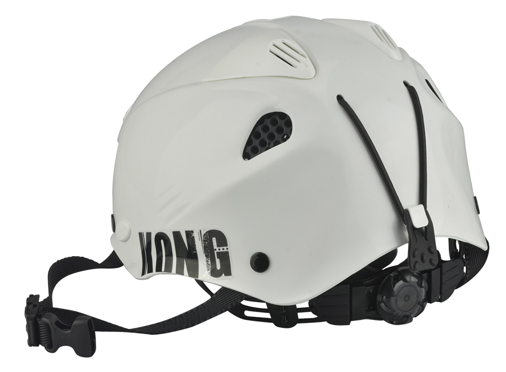 Casco para escalada Blanco "kong" Carcasa en ABS ultrarresistente, correa de poliéster con cierre de clic y regulación rápida de la talla con sistema de rueda