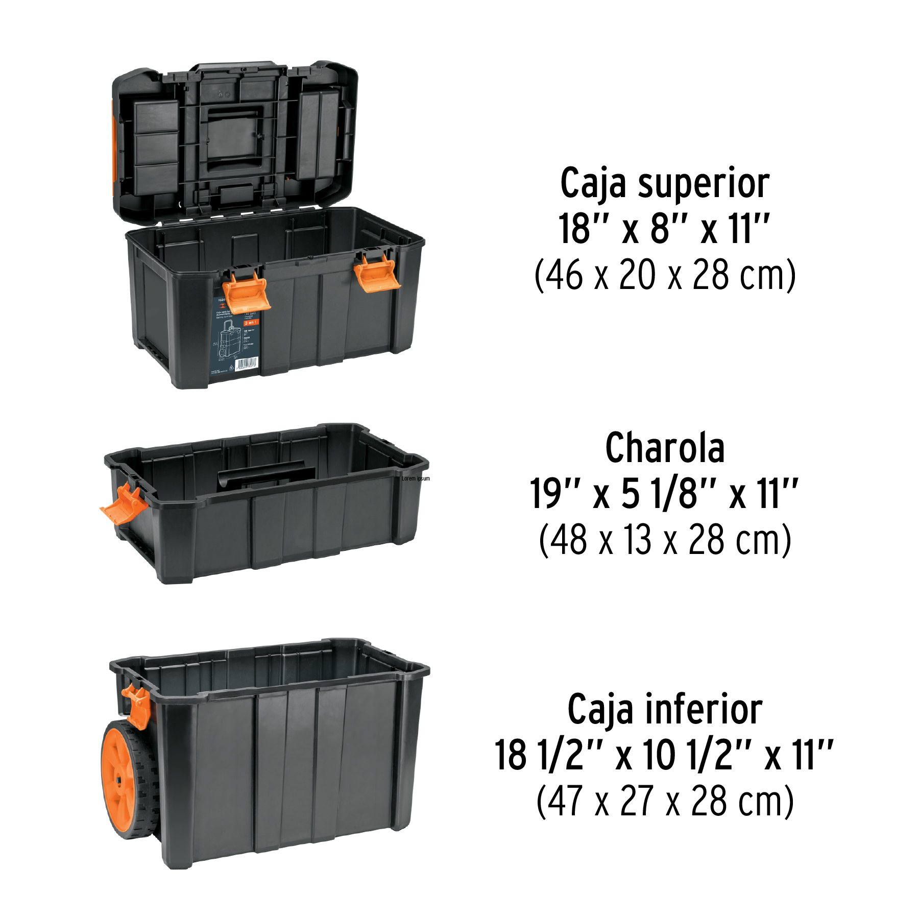 CAJA PARA HERRAMIENTAS 19"x25" 3 EN 1, DESMONTABLE CON RUEDAS, Truper 102644
