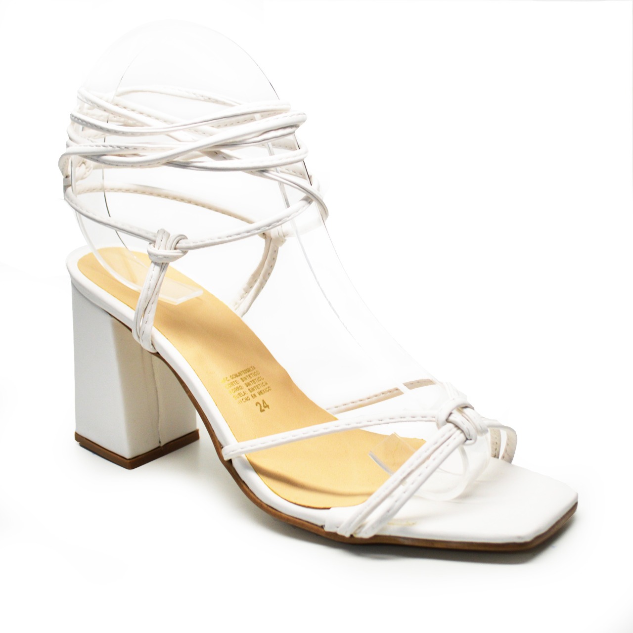 Sandalia Zapatilla Tacón Altura 8 cm Tiras Gladiador Blanco