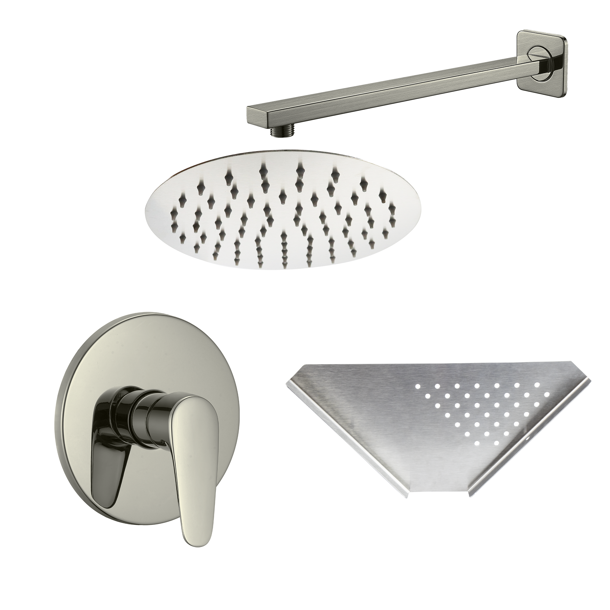 MEER Faucets by CNX - Set de regadera con tubo y organizador para baño de acero inoxidable, Juego de regadera cuadrada con brazo, incluye repisa de acero inoxidable. Kit de regadera con tubo y estante