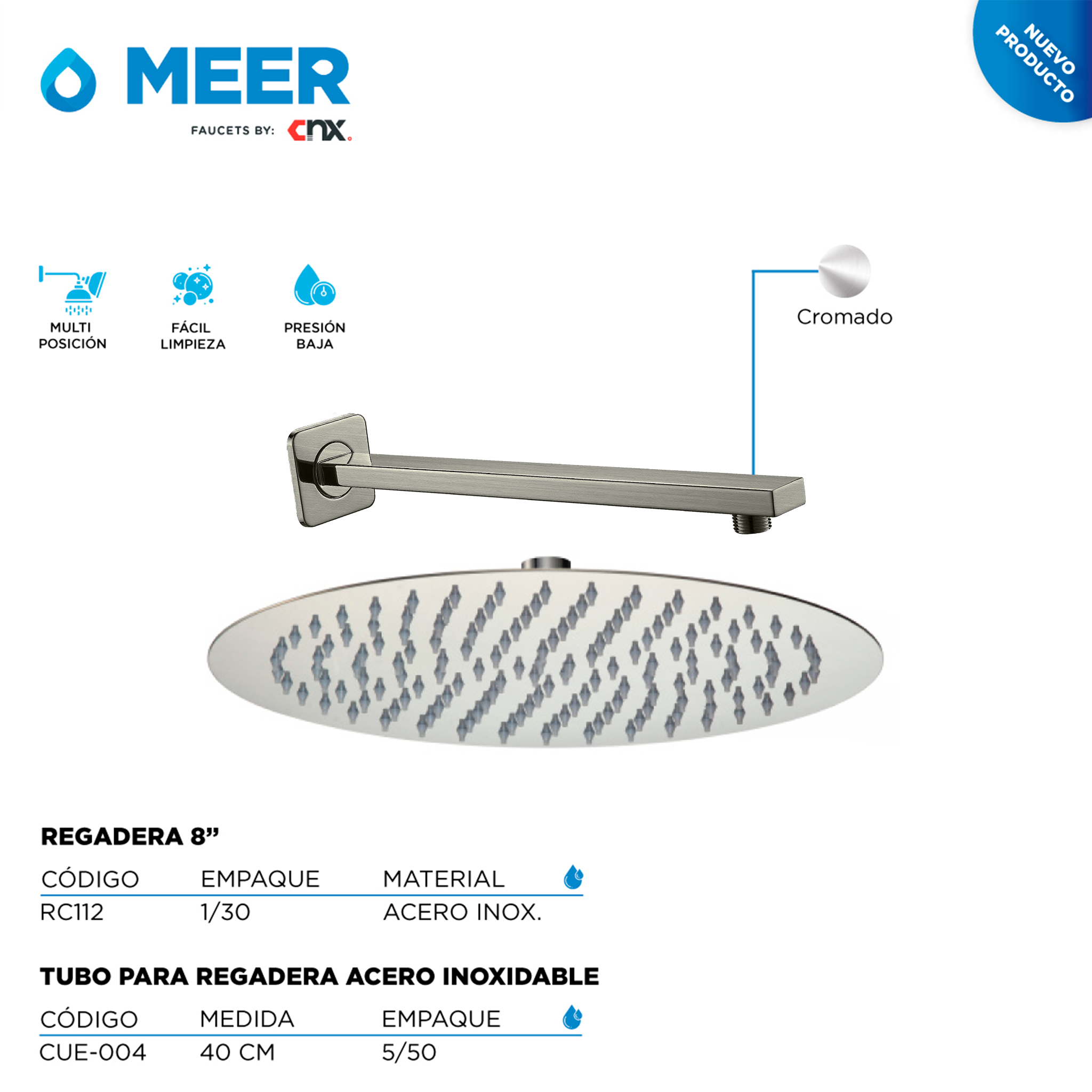 MEER Faucets by CNX - Set de regadera con tubo y organizador para baño de acero inoxidable, Juego de regadera cuadrada con brazo, incluye repisa de acero inoxidable. Kit de regadera con tubo y estante