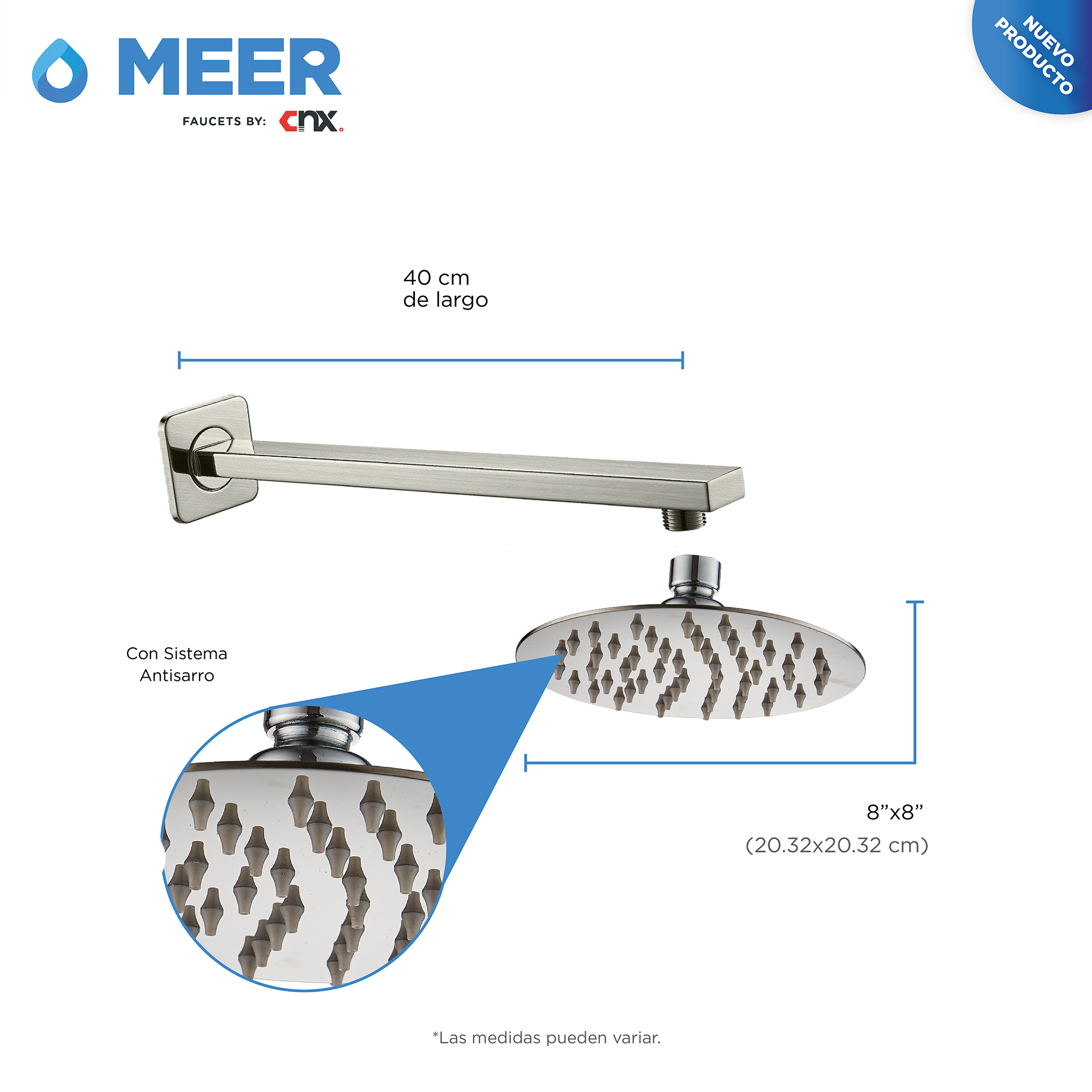 MEER Faucets by CNX - Set de regadera con tubo y organizador para baño de acero inoxidable, Juego de regadera cuadrada con brazo, incluye repisa de acero inoxidable. Kit de regadera con tubo y estante