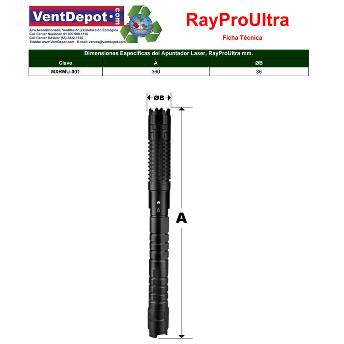 Lápiz Puntero Láser Alta Potencia MXRMU-001-19 1pz laser haz azul 36x4x4cm 9km Aluminio Negro Apuntador RayProUltra