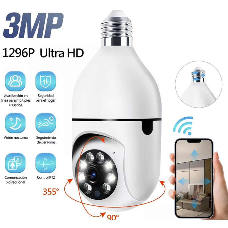 Camara Foco 360 Grados Wifi Ip Seguridad Espía Oculta Hd Spy