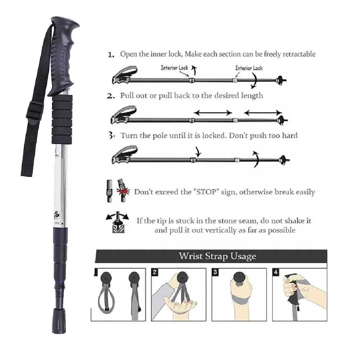 Bastón Plegable Ligero Senderismo Caminar Escalar Plateado