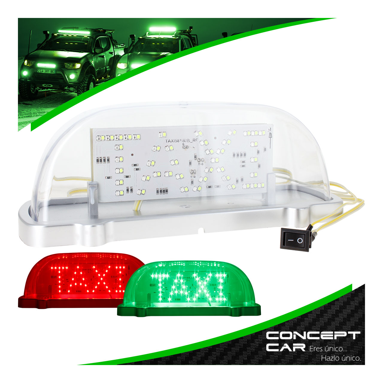 Copete Acrilico Letrero Taxi Con Luz Led Doble Vista Bicolor