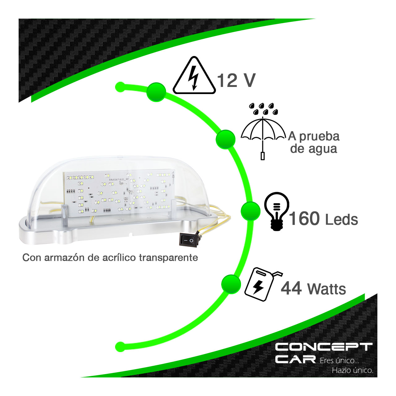 Copete Acrilico Letrero Taxi Con Luz Led Doble Vista Bicolor
