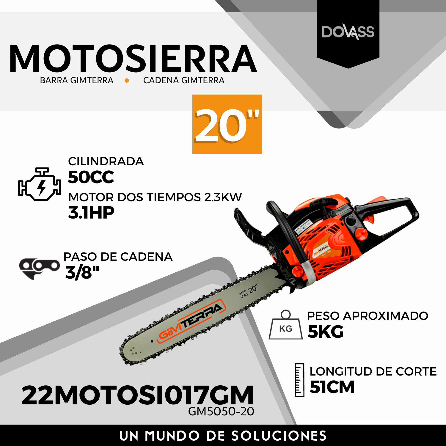 Motosierra Longitud De Corte 20 Pulgadas 51cm Potencia de 3.1 HP Cilindrada 50cc Longitud de corte 51 cm Gimterra Gm5050-20 Color Negro con Naranja