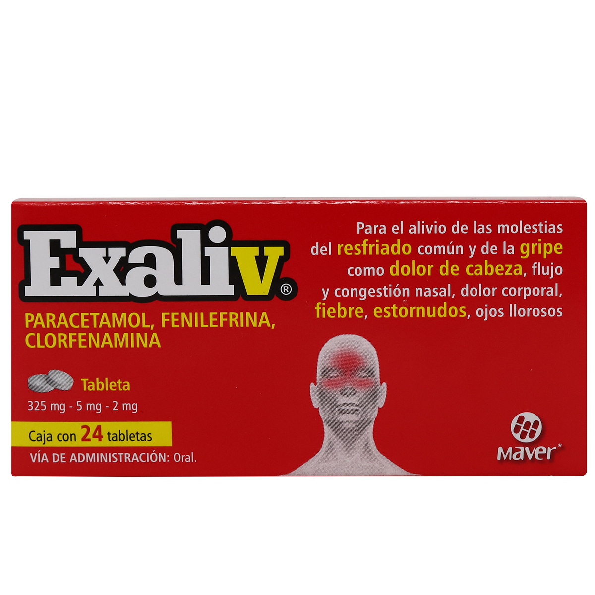 EXALIV, PARACETAMOL, FENILEFRINA, CLORFENAMINA, CAJA CON 24 TABLETAS
