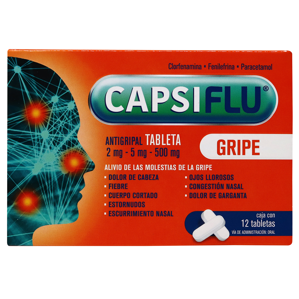 CAPSIFLU, ANTIGRIPAL CLORFENAMINA, FENILEFRINA, PARACETAMOL, CAJA CON 12 TABLETAS