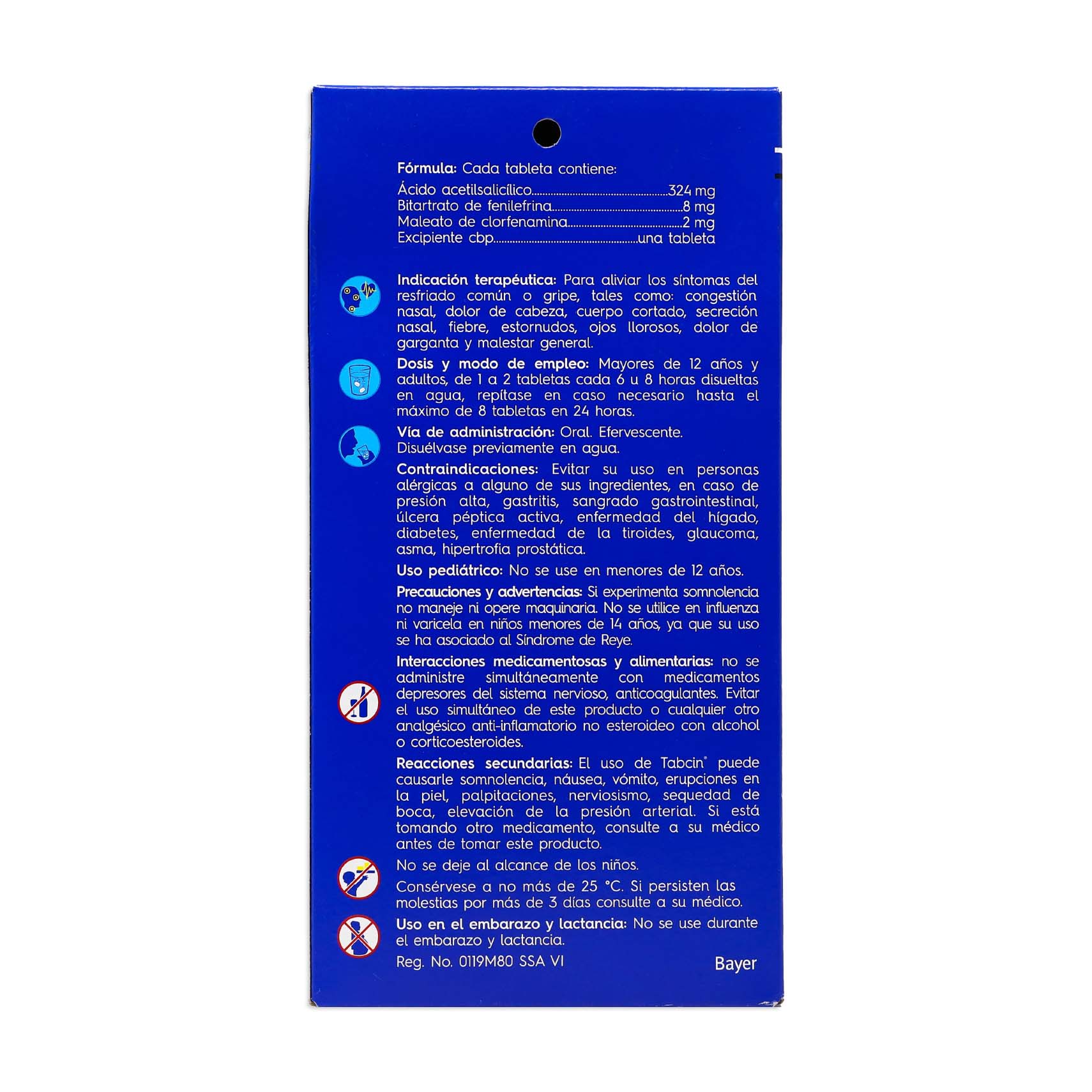 TABCIN, ACIDO ACETILSALICILICO, FENILEFRINA, CLORFENAMINA. CAJA 60 TABLETAS 324 MG / 8 MG / 2 MG
