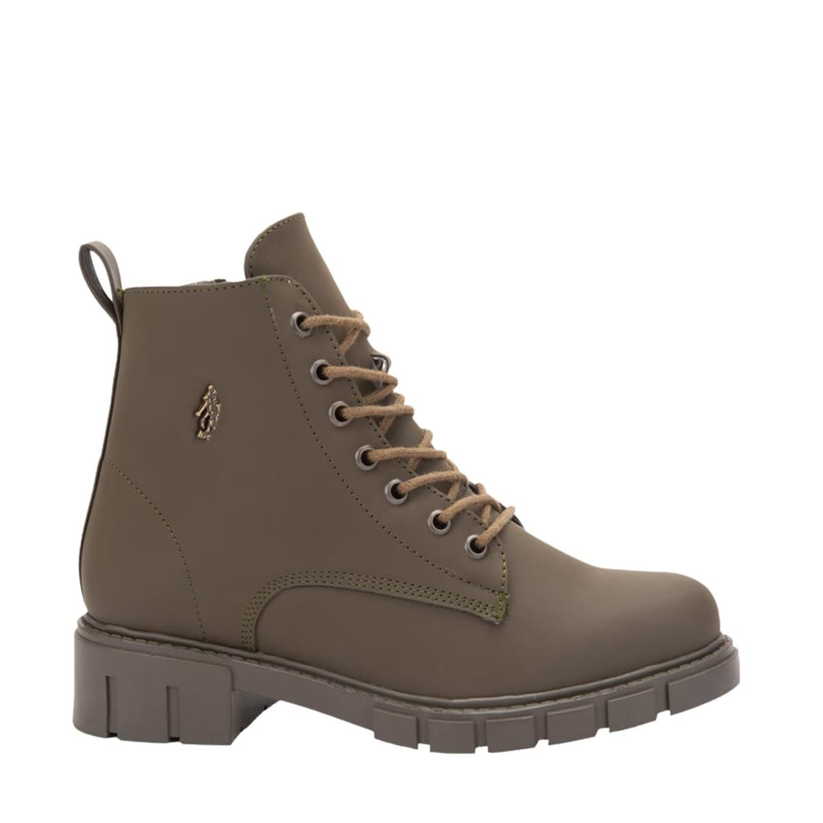 Bota militar para mujer, de nobuck con agujetas y suela track, color verde olivo, marca HPC Polo, mod. 1110566