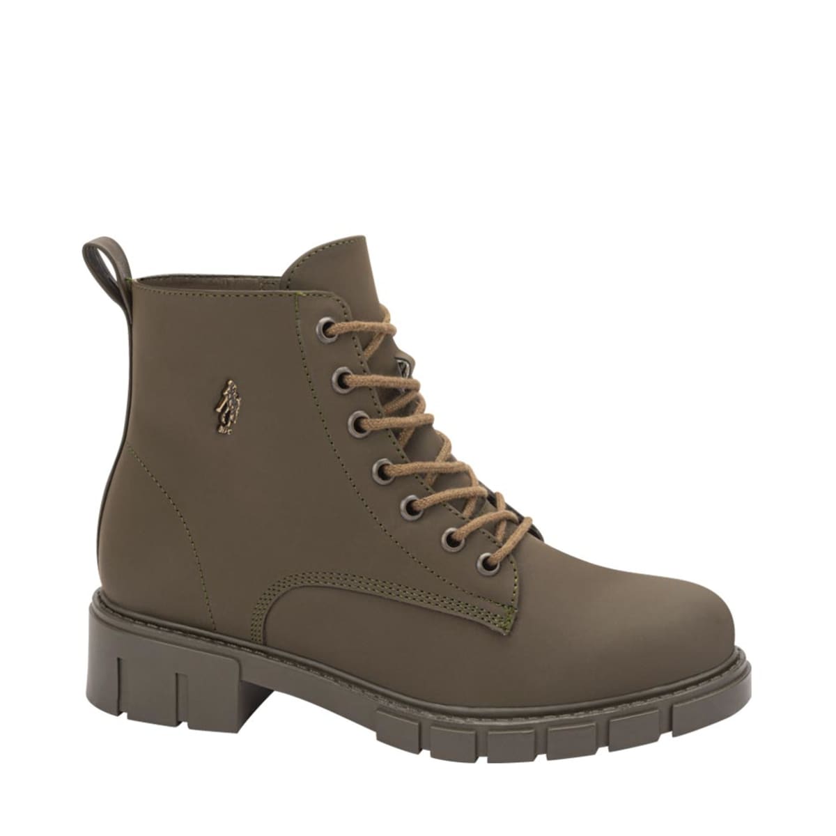 Bota militar para mujer, de nobuck con agujetas y suela track, color verde olivo, marca HPC Polo, mod. 1110566