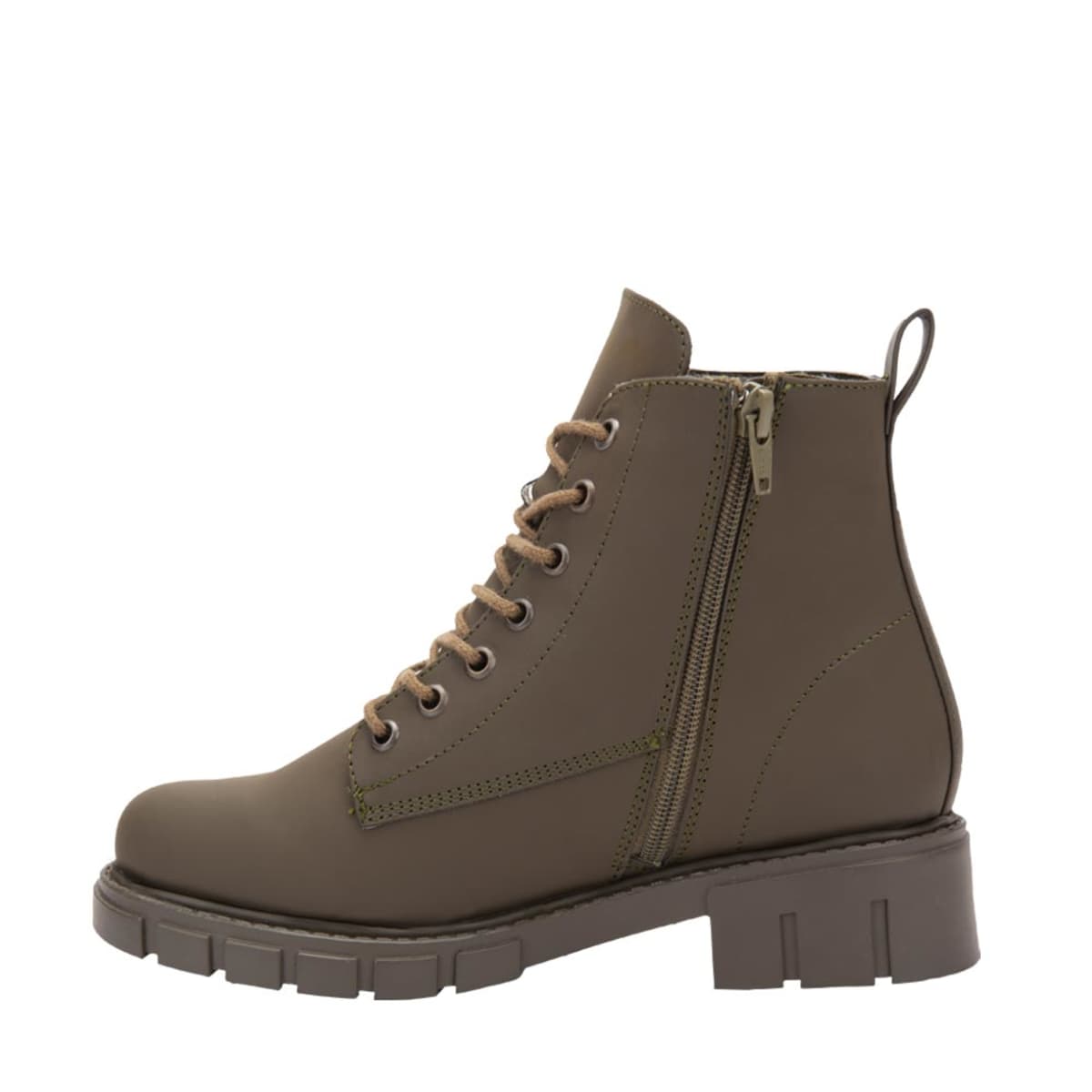 Bota militar para mujer, de nobuck con agujetas y suela track, color verde olivo, marca HPC Polo, mod. 1110566