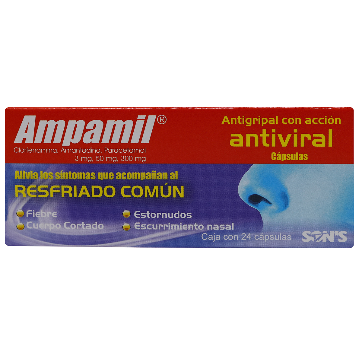 AMPAMIL, AMANTADINA, CLORFENAMINA, PARACETAMOL. 50 MG / 3 MG / 200 MG 24 CÁPSULAS