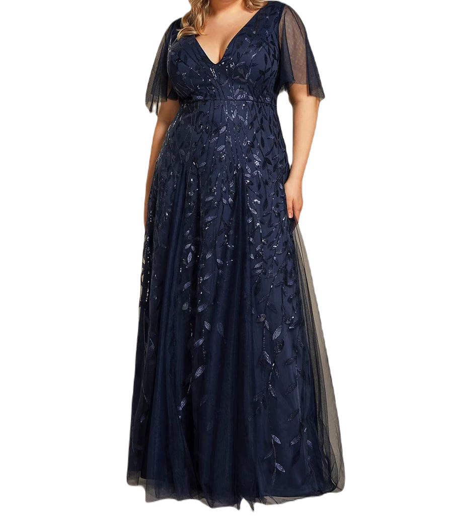 Vestido Elegante de Fiesta Largo Azul Marino para Mujer con Lentejuela Sirena Cuello V Manga Corta T Ch a Talla Extra