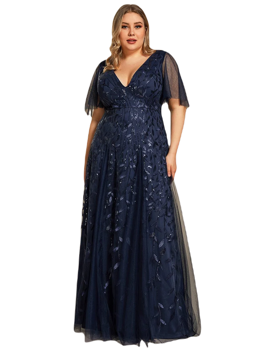 Vestido Elegante de Fiesta Largo Azul Marino para Mujer con Lentejuela Sirena Cuello V Manga Corta T Ch a Talla Extra