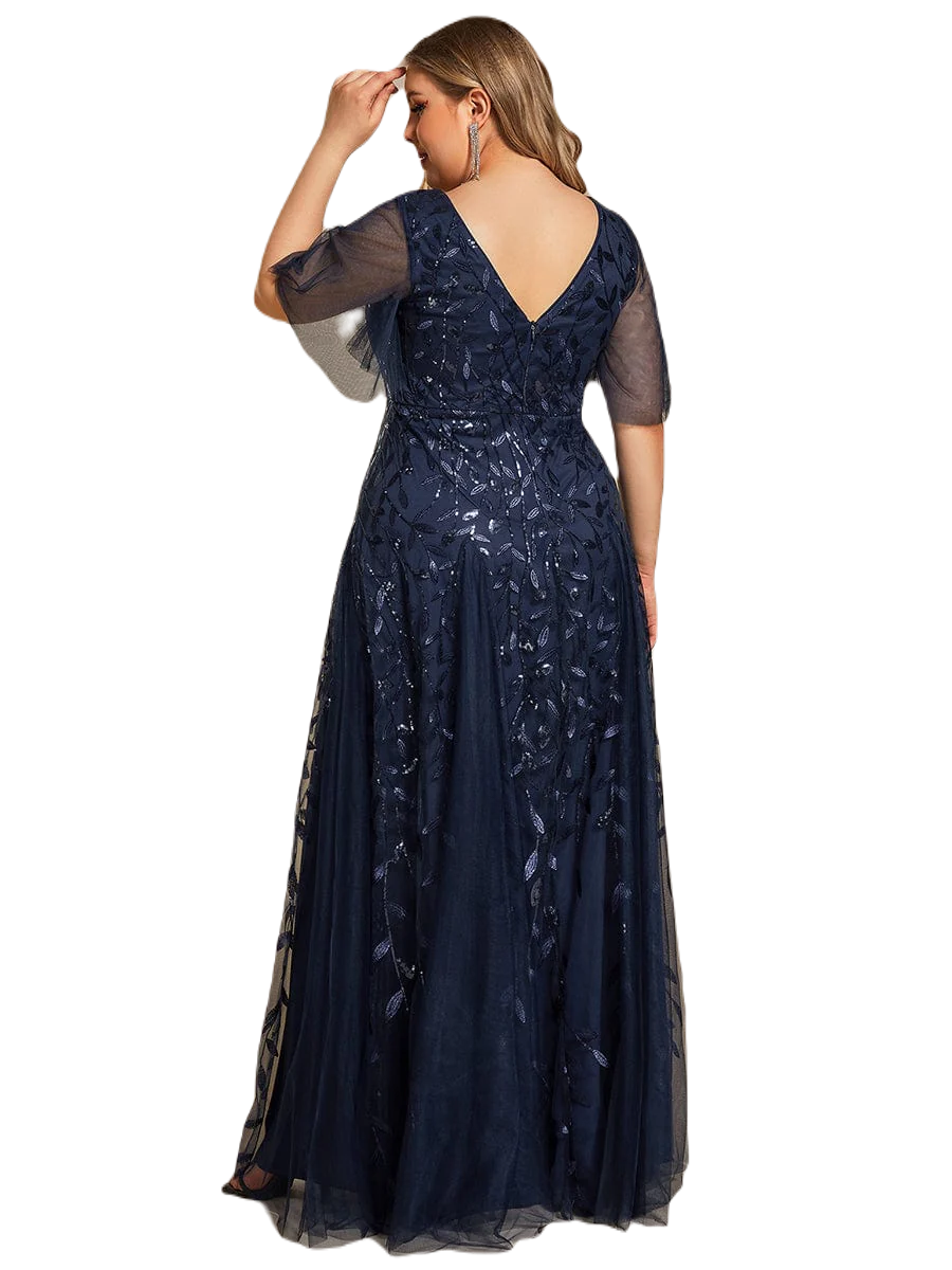 Vestido Elegante de Fiesta Largo Azul Marino para Mujer con Lentejuela Sirena Cuello V Manga Corta T Ch a Talla Extra