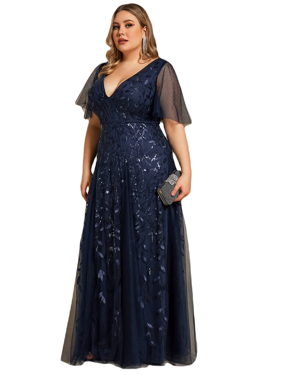 Vestido Elegante de Fiesta Largo Azul Marino para Mujer con Lentejuela Sirena Cuello V Manga Corta T Ch a Talla Extra