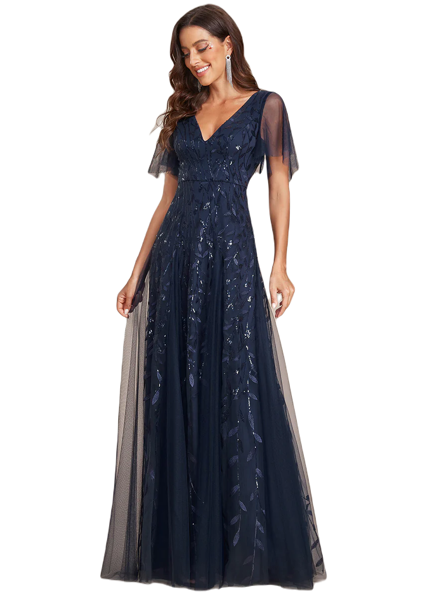 Vestido Elegante de Fiesta Largo Azul Marino para Mujer con Lentejuela Sirena Cuello V Manga Corta T Ch a Talla Extra