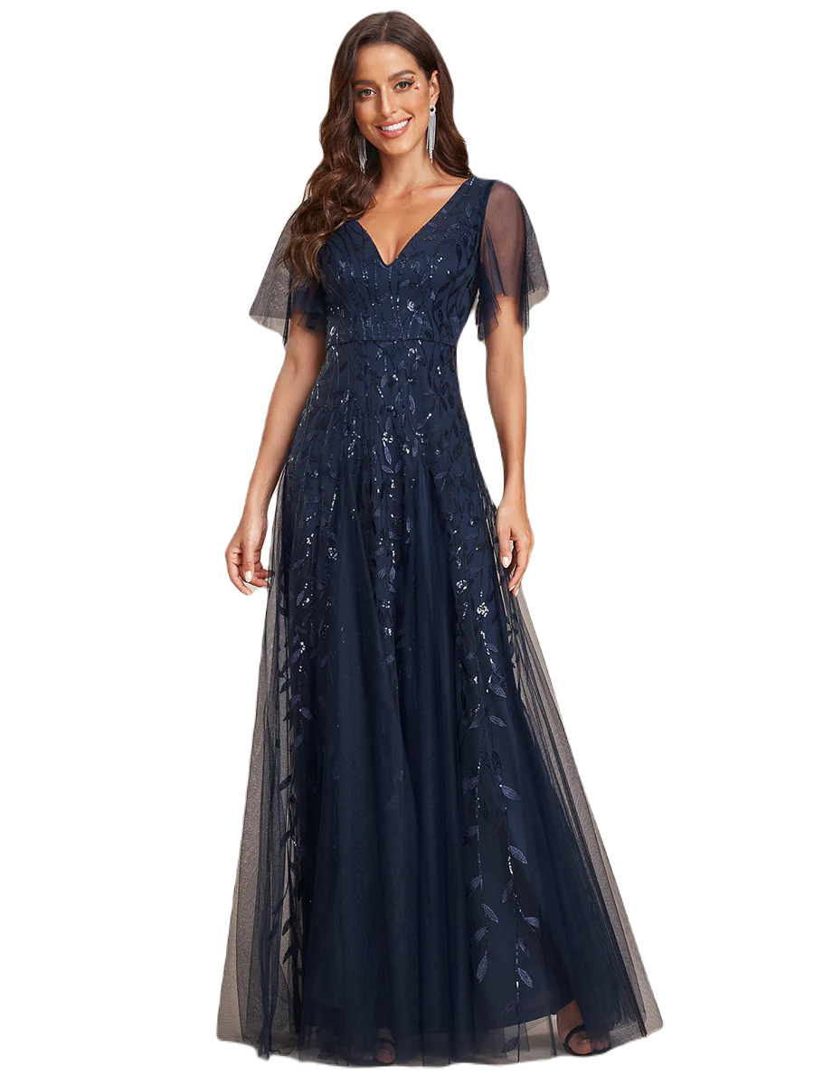 Vestido Elegante de Fiesta Largo Azul Marino para Mujer con Lentejuela Sirena Cuello V Manga Corta T Ch a Talla Extra