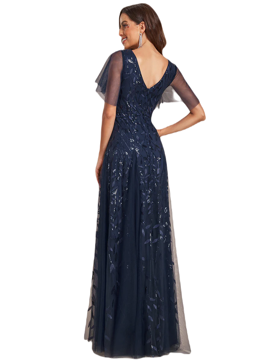 Vestido Elegante de Fiesta Largo Azul Marino para Mujer con Lentejuela Sirena Cuello V Manga Corta T Ch a Talla Extra