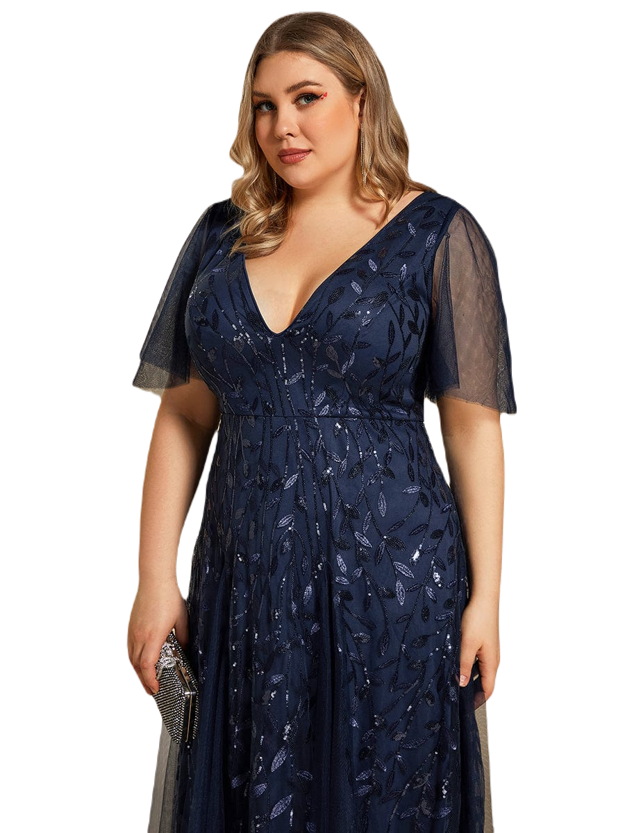 Vestido Elegante de Fiesta Largo Azul Marino para Mujer con Lentejuela Sirena Cuello V Manga Corta T Ch a Talla Extra