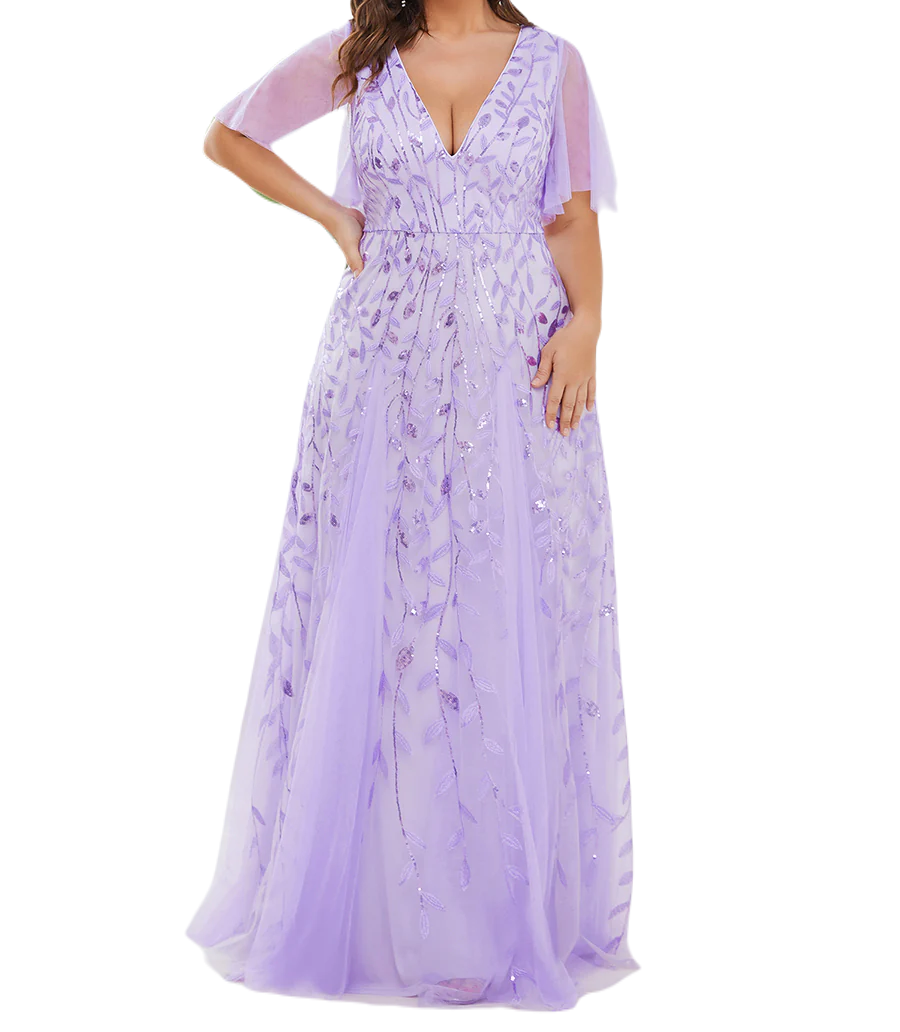 Vestido Elegante de Fiesta Largo Lila Violeta para Mujer con Lentejuela Sirena Cuello V Manga Corta T Ch a Talla Extra