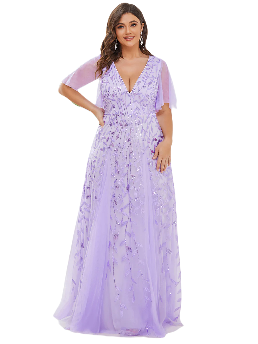 Vestido Elegante de Fiesta Largo Lila Violeta para Mujer con Lentejuela Sirena Cuello V Manga Corta T Ch a Talla Extra