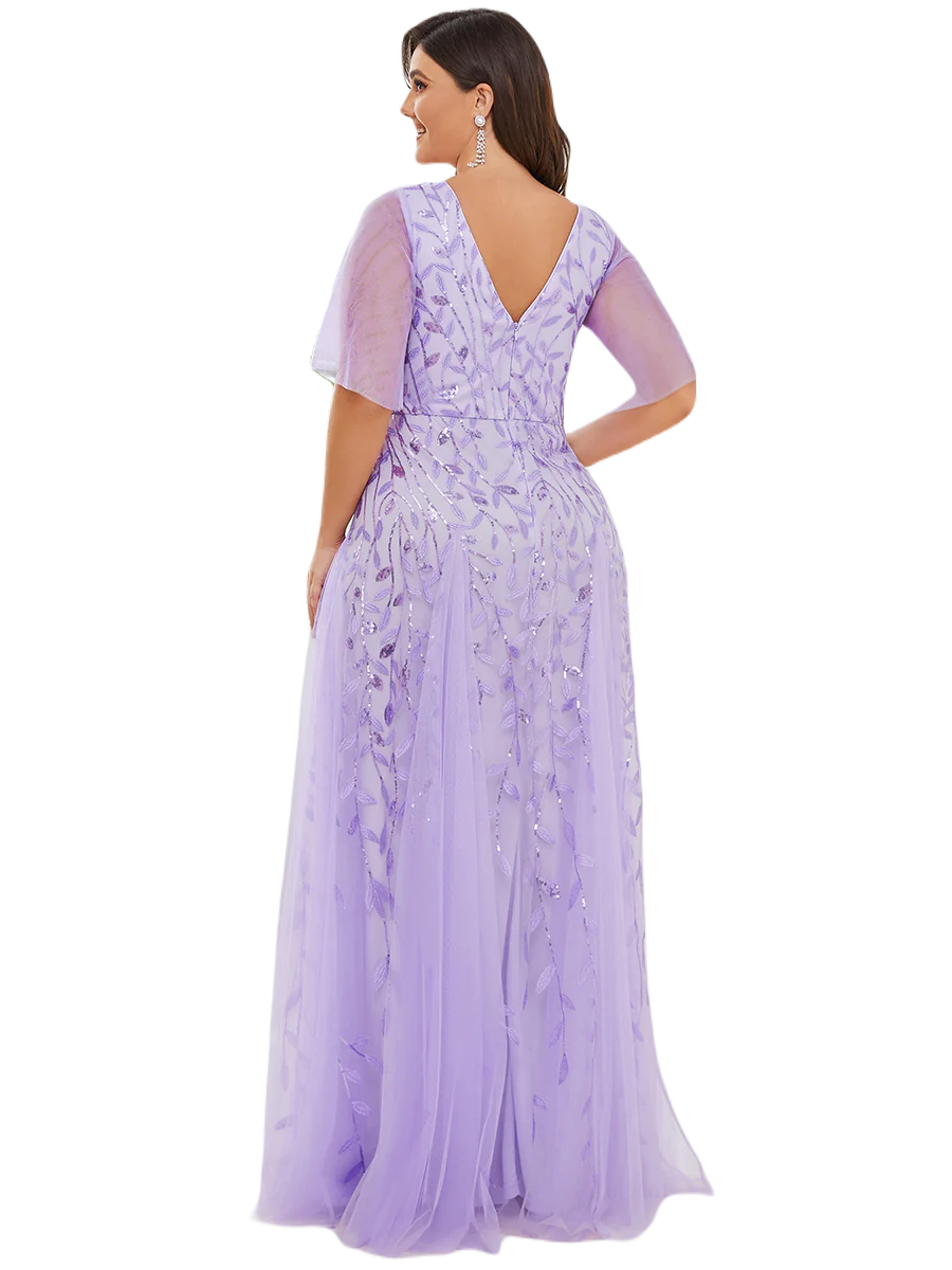 Vestido Elegante de Fiesta Largo Lila Violeta para Mujer con Lentejuela Sirena Cuello V Manga Corta T Ch a Talla Extra