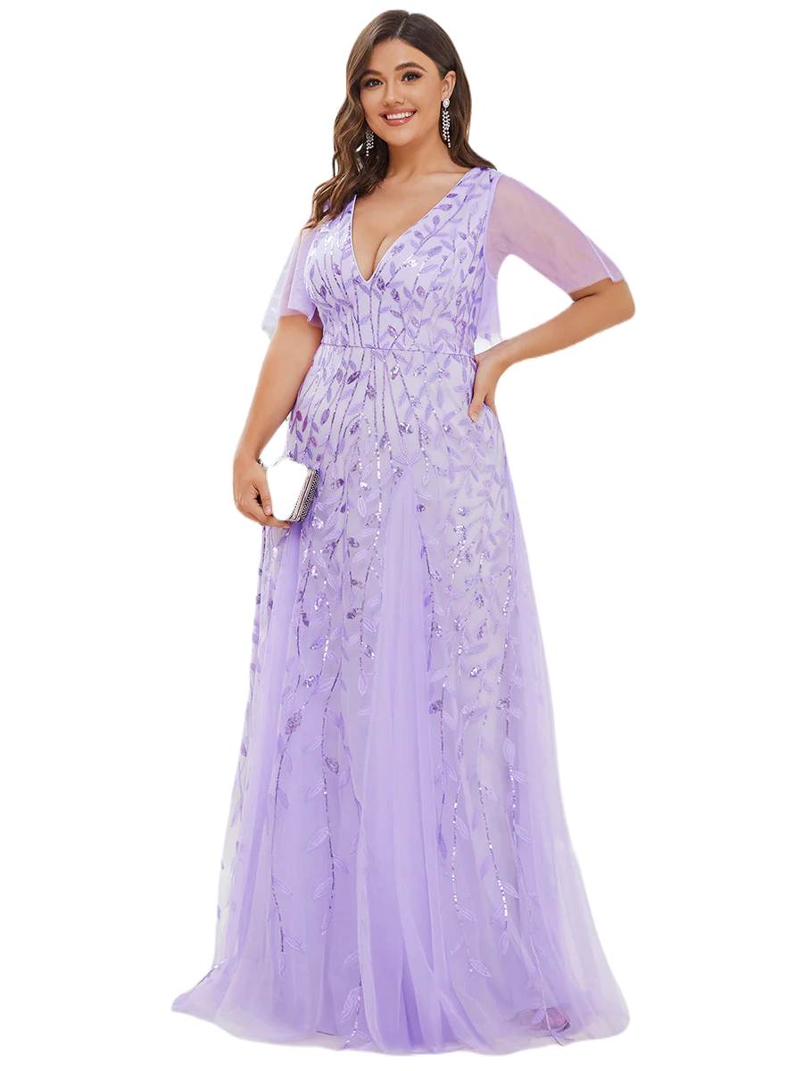 Vestido Elegante de Fiesta Largo Lila Violeta para Mujer con Lentejuela Sirena Cuello V Manga Corta T Ch a Talla Extra