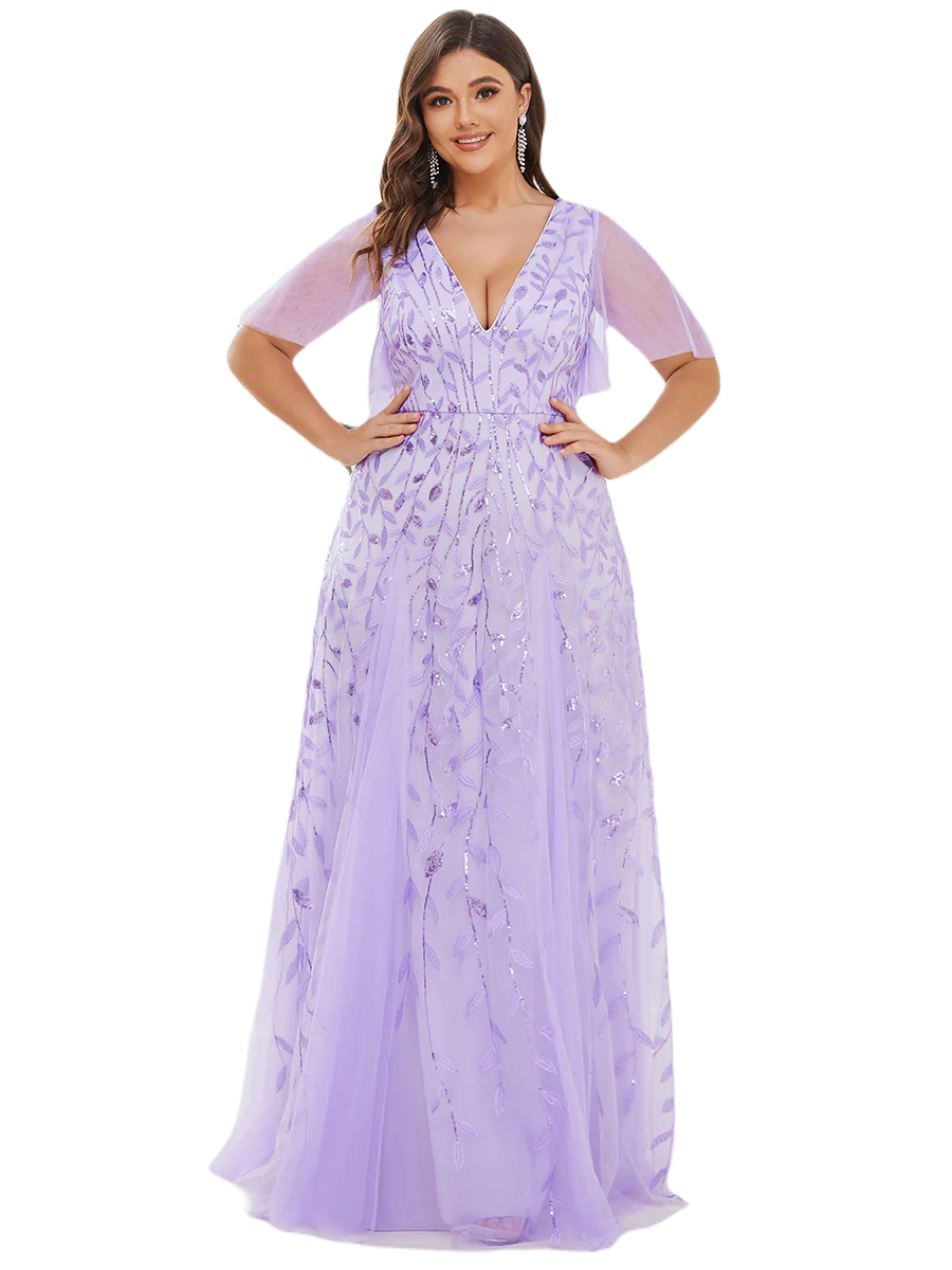 Vestido Elegante de Fiesta Largo Lila Violeta para Mujer con Lentejuela Sirena Cuello V Manga Corta T Ch a Talla Extra